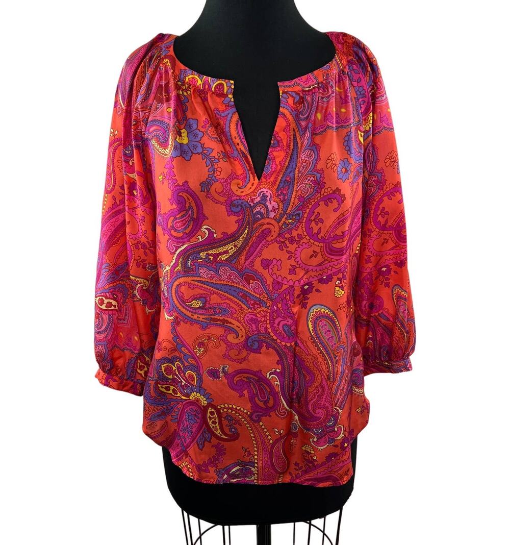 Lauren Ralph Lauren Pink Orange Multi Paisley Silk 3/4 Sleeve Blouse Colorful PS